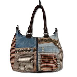 Desigual London Shoulder Bag Satchel Denim Patchwork Mixed Media Pockets
